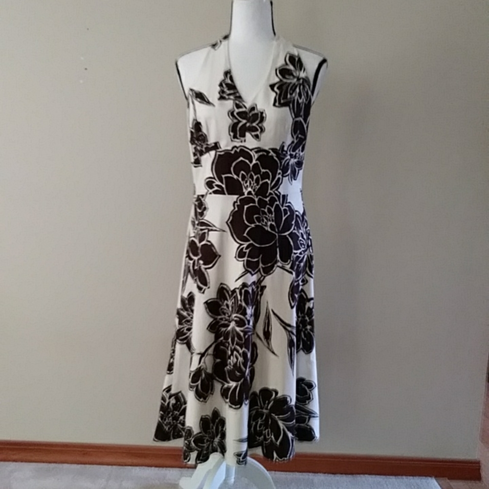 Ann Taylor Silk Floral Halter A-Line Lined Dress 8 Brown Ivory